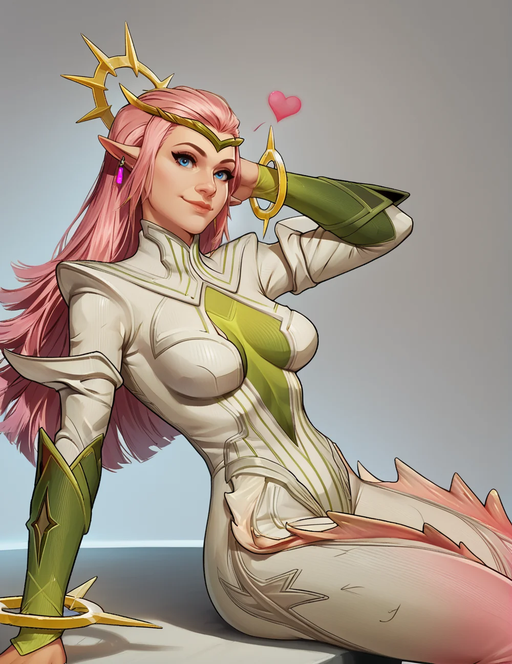 score_9, score_8_up, score_7_up, score_6_up, 1girl, Dagg3rGrowth, solo, 2d, masterpiece, detailed, bodysuit, blue eyes, pink thigh fins, pink hair, long hair, breasts, bracelets, (circlet), pointy ears, ((earrings)), sexy, looking at viewer, legs together, sitting, nose, close-up, blowing kiss, kiss, smile, head tilt, chest tilt, dynamic pose, hands behind head, posing, simple background, <lora:Dagg3rGrowth:0.8>