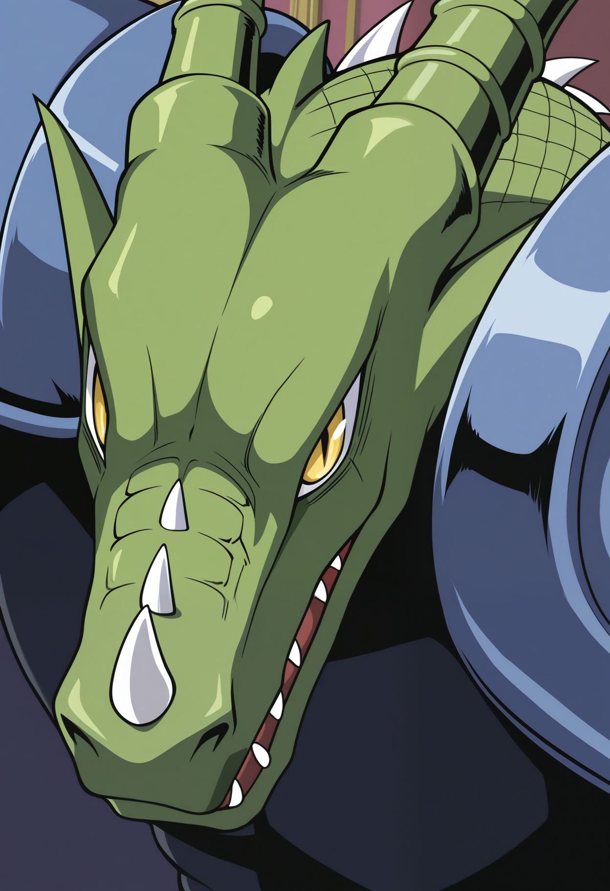 masterpiece,best quality,amazing quality, 1boy, solo, g4r00z1s, dragon boy, yellow eyes, slit pupils, green scales, pauldrons, close up, side, angle,