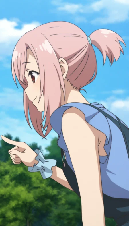 masterpiece,best quality,amazing quality,
<lora:yoshinokoharuNAI:1>,yoshinokoharu,
1girl,solo,pink hair,short hair,bangs,short ponytail,red eyes,deep blue denim overall,blue sleeveless blouse with trim,blue wrist cuffs,upper body,from side,smile,leaning forward,pointing forward,outdoors,day,blue sky,cloud,trees,depth of field,