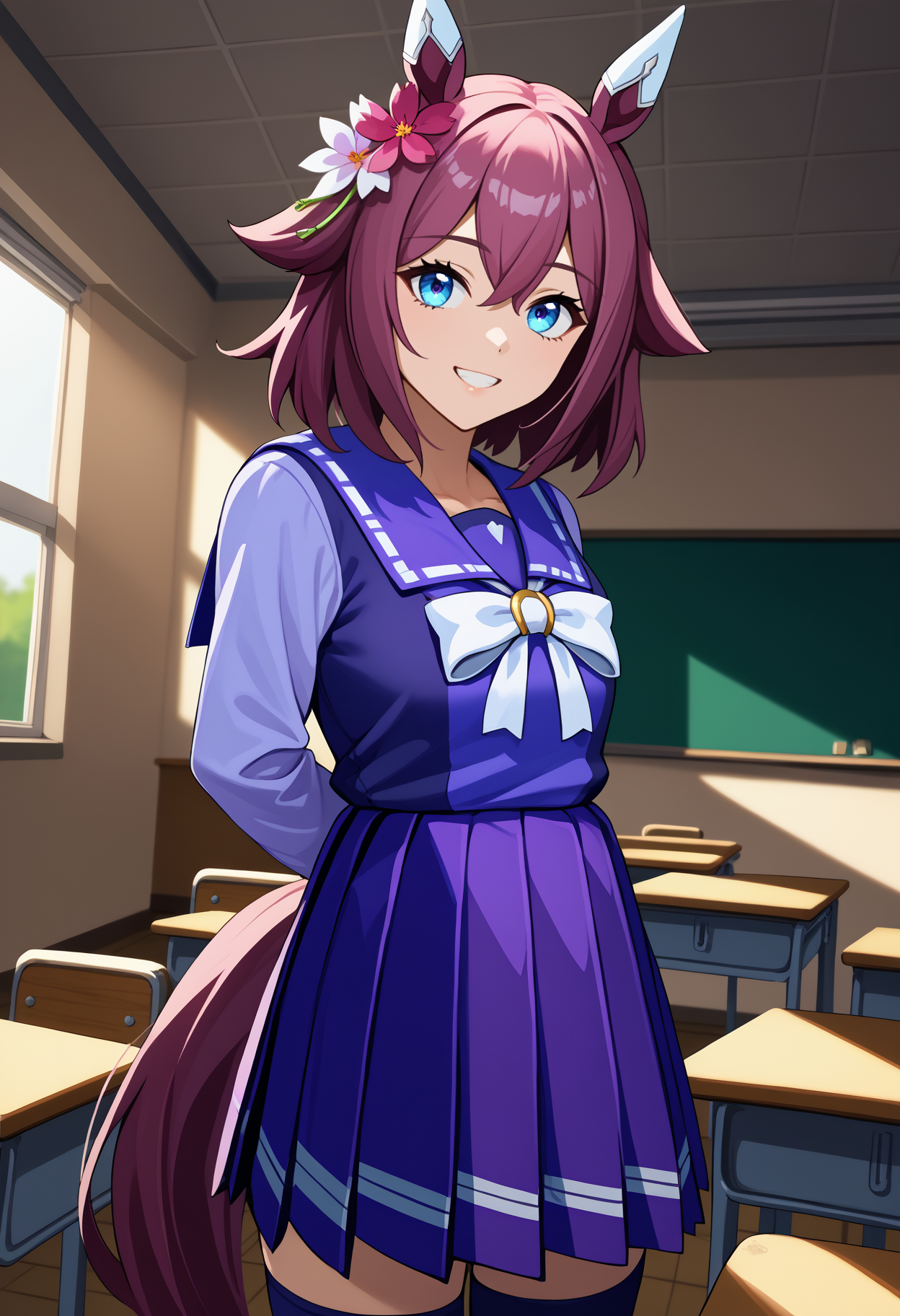score_9, score_8_up, score_7_up, source_anime, <break> solo, 1girl, skrchyno, horse tail, smile, looking at you, standing, arms behind back, medium hair, pink hair, hair flaps, hair flower, animal ears, blue eyes, wintertracen, school uniform, purple serafuku, purple shirt, sailor collar, white bow, long sleeves, purple skirt, pleated skirt, purple thighhighs, indoors, classroom
<segment:yolo-face_yolov8m.pt,0.4,0.5//cid=1>