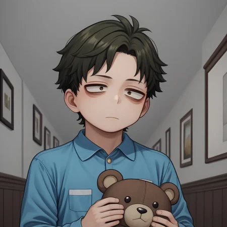 score_9, score_8_up, score_7_up, source_anime, highly detailed, cute boy, 1boy, solo, young, damian desmond, short hair, brown hair, brown eyes, blue pajamas, button up pajama shirt, holding teddy bear, rubbing eye, sleepy, bags under eyes, bare feet, at night, dark, in hallway