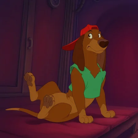masterpiece, best quality, amazing quality, ItchyItchifordil, feral, male, Dachshund, brown fur, long ears, green shirt, sleeveless, red hat, sitting, inside,