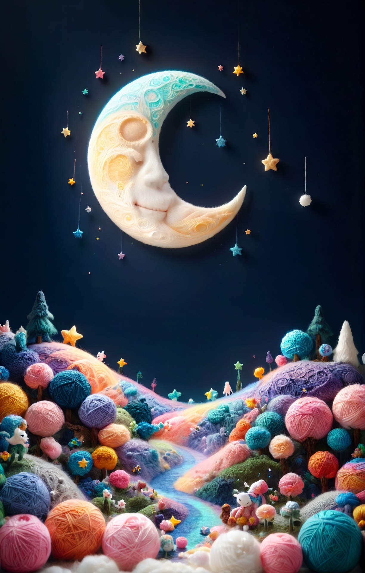 soft colorful-hued colors, yrnwrld, the moon and the stars <lora:Yarnworld-000017:1>, simple background