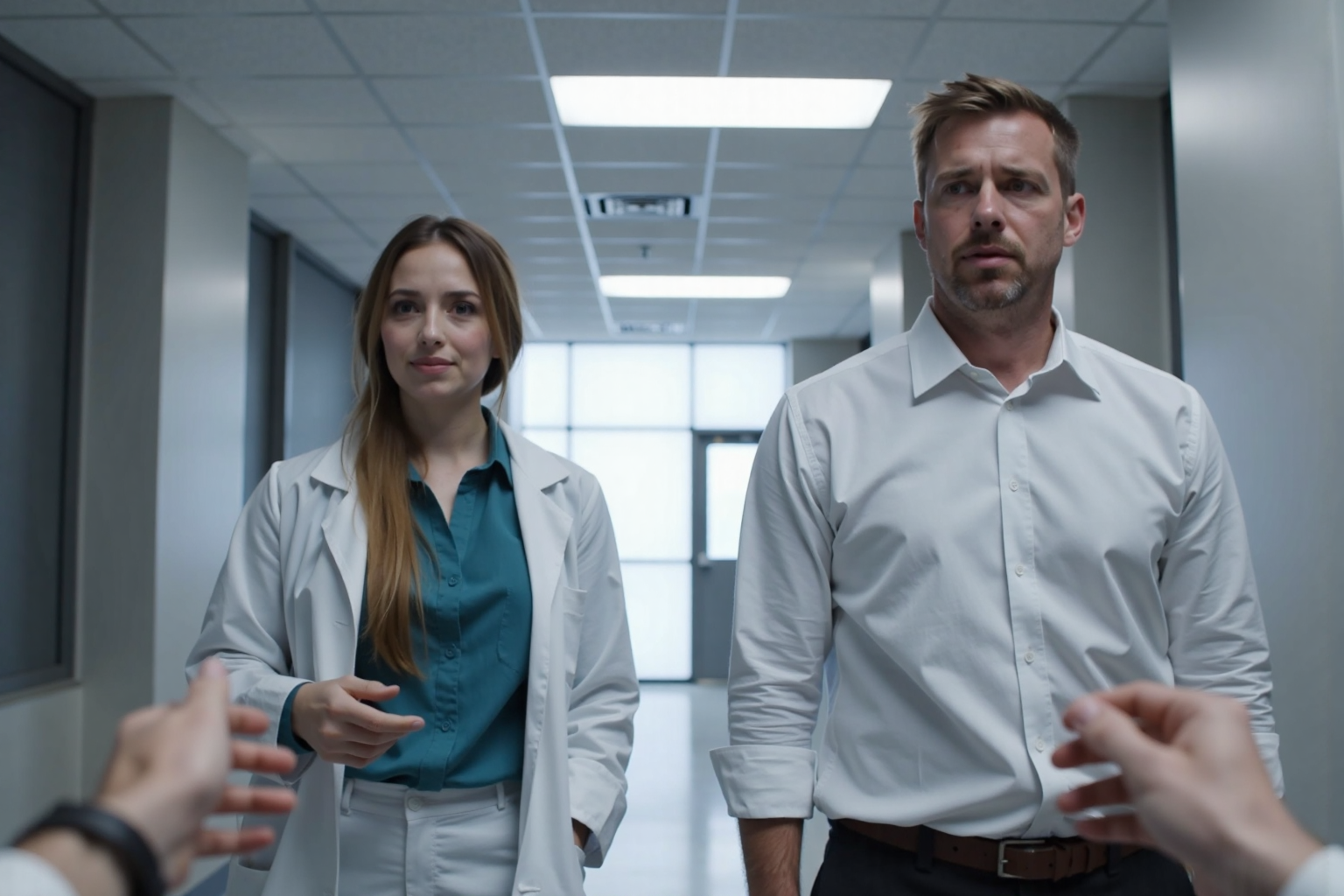 1stPOV_flx, In 1st person POV, a woman in a white lab coat standing next to a man in a white shirt, Maciej Kuciara, holography, wearing lab coat and a blouse, with a lab coat, wearing a lab coat, wearing a labcoat, hyperreal movie shot, wearing lab coat