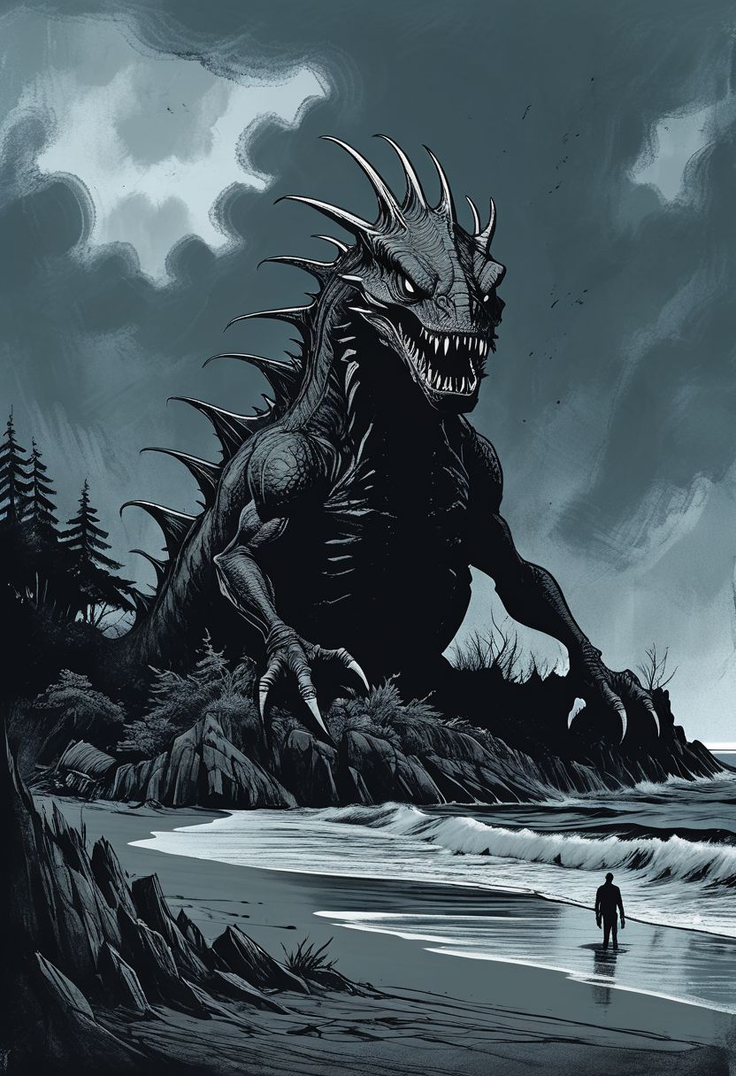 concept art, ink art, 
Giant sea monster beached on a island on a dark stormy day, waves,