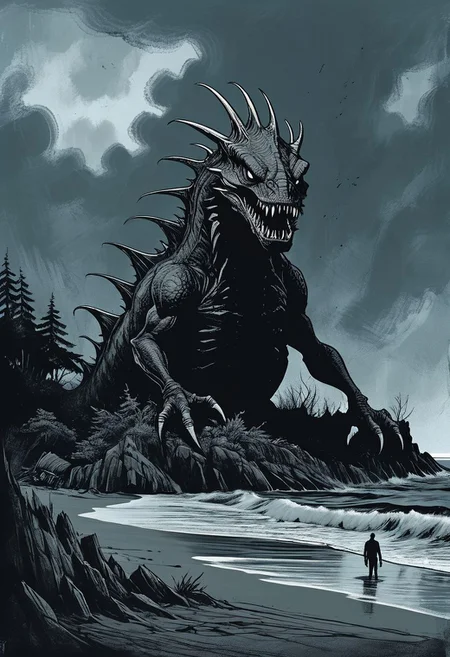 concept art, ink art,
Giant sea monster beached on a island on a dark stormy day, waves,