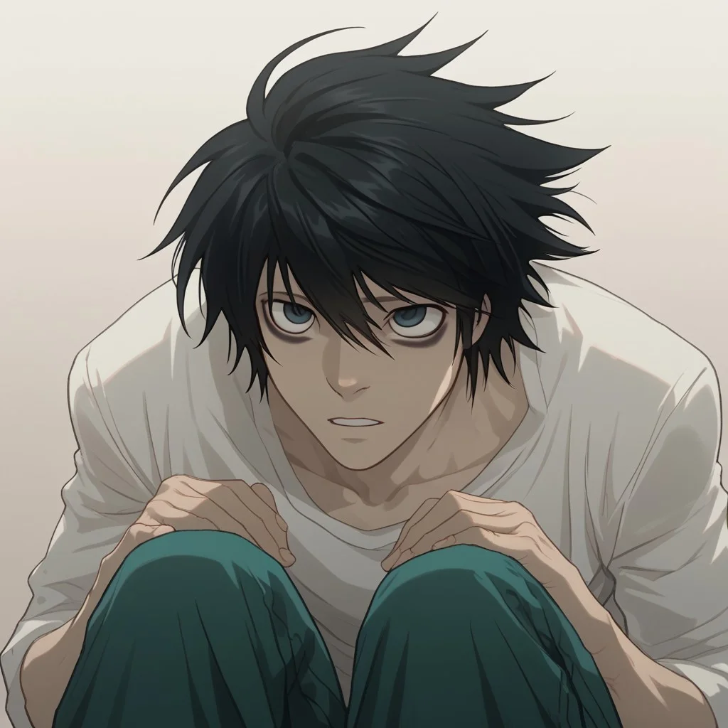 score_9, score_8_up, 1girl, solo, Expressiveh, , black hair, skinny, male, Lawliet, bags under eyes, white shirt, green pants