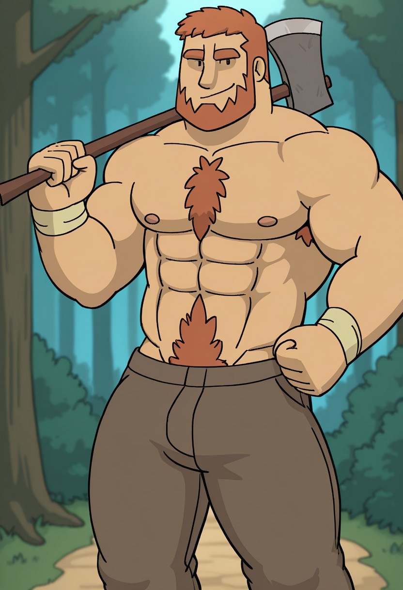 detailed background, detailed background, masterpiece, perfect quality, best quality, detailed, newest, very aesthetic, GregorRMA, facial hair, short hair, holding an axe, bara, solo, beard, smile, orange hair, 1boy, male focus, forest background, chest hair, pubic hair, pants, looking at viewer, smirk, pectorals, abs, muscular,