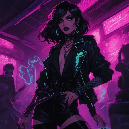 Gothic style <lora:Gothicanimegirls:1>A dark fantasy woman performing in a grungy underground rock club, lit with pulsating neon lights in shades of pink, green, and blue. Her makeup is bold and glittering, with a snake tattoo curling around her arm. The camera is at a tilted angle, emphasizing the chaotic energy of the room, with motion blur on the crowd and sharp focus on her. highly vibrant image. . Dark, mysterious, haunting, dramatic, ornate, detailed