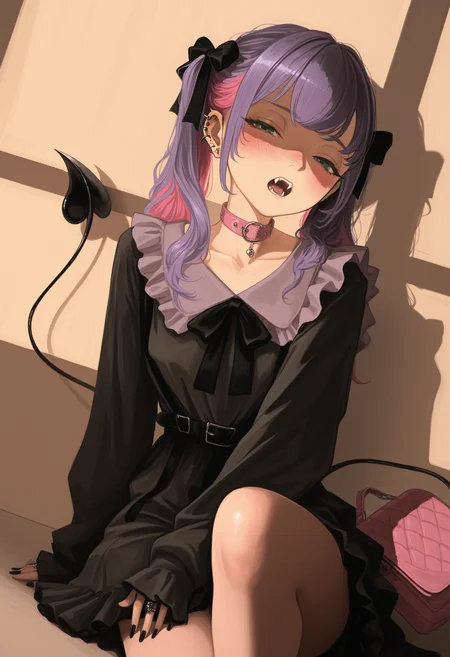 painterly, artist:[caravaggio|adam de coster|yoneyama mai|cursedweeboo|daodtt|diao \(nrays\)|ravine bells],
thick lineart, jirai kei, 1girl, solo, purple hair, green eyes, piercing, looking at viewer, half-closed eyes, ear piercing, blush, long hair, twintails, bangs, black bow, demon tail, multicolored hair, hair bow, bow, jewelry, ring, frills, pink hair, pink bag, black nails, fangs, collarbone, open mouth, pink collar, black shirt, black dress, indoors, window shadow, sleeves past wrists, shaded face, dutch angle, leg up, sitting,
newest, impasto, brushstroke, impressionism, chiaroscuro, oil painting \(medium\), newest, absurdres, masterpiece, very aesthetic