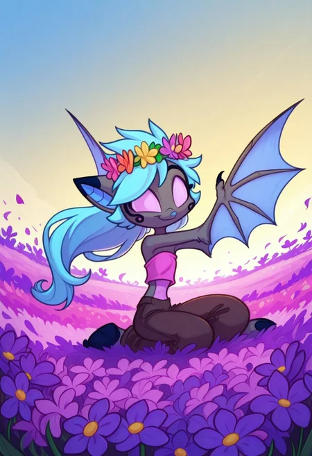 Dreamkeepers,1girl,Prelude_Vanth,solo,furry,source_furry,blue hair,wings,furry,bat wings,
child,
hippie , pant , flowerchild girl , flower crown ,Hair Wreath , long hair , strapless cropped top , flower ,colorful , vibrant , sitting , barefoot , flower field , blue sky , flowing hair , cheerful , wind , flower petal ,
masterpiece, best quality ,amazing quality ,S4bit4mago_illu , xxx667_illu ,Protoneon , ma1ma1helmes_b_illu,