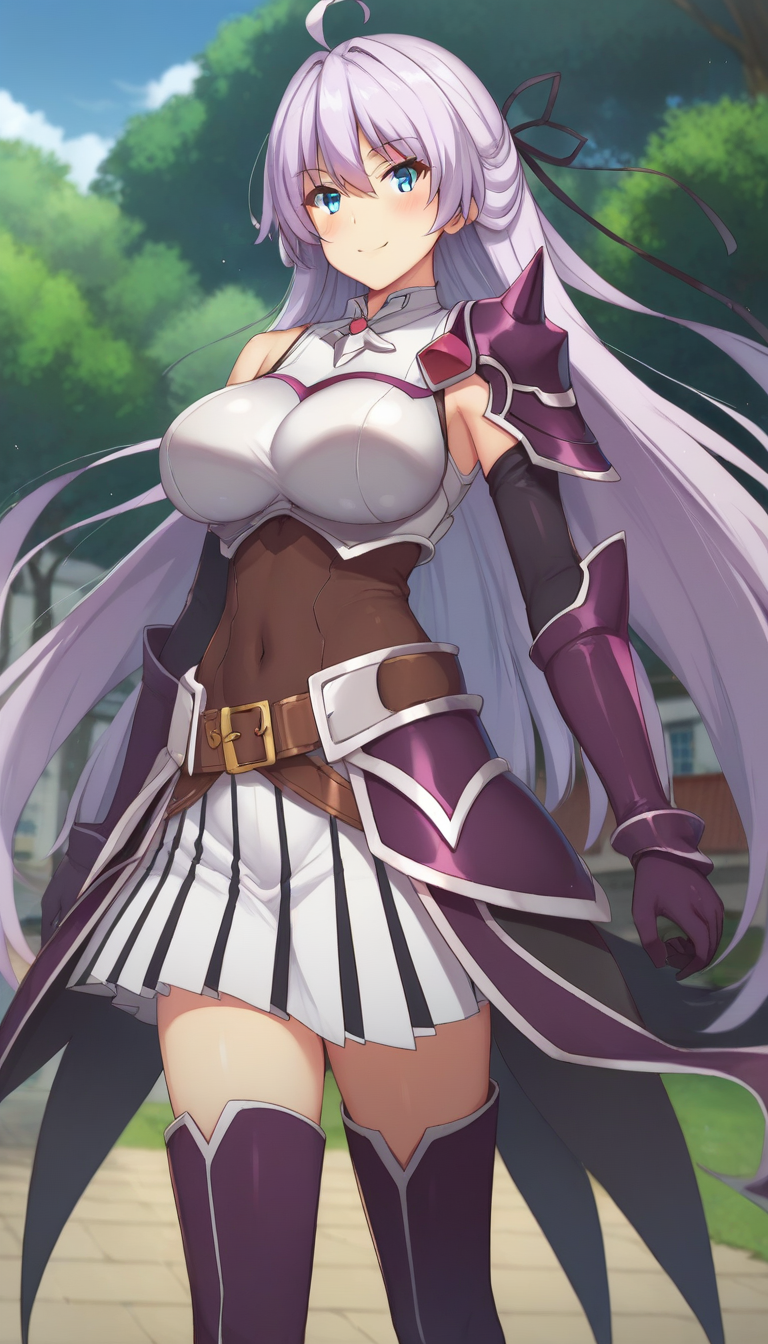 score_9,score_8_up,score_7_up,score_6_up BREAK official art,solo,outdoors,cowboy shot,looking at viewer,facing viewer,smile,blush,Kureha,ahoge,very long hair,light purple hair,hair ribbon,floating hair,hair between eyes,bangs,blue eyes,cape,shoulder armor,pauldrons,shoulder pads,armored dress,detached sleeves,elbow gloves,large breasts,breastplate,faulds,large breasts,covered navel,belt,miniskirt,white skirt,pleated skirt,zettai ryouiki,purple thighhighs,thigh boots,purple footwear,<lora:Kureha(rh)-Pony:1.4>,