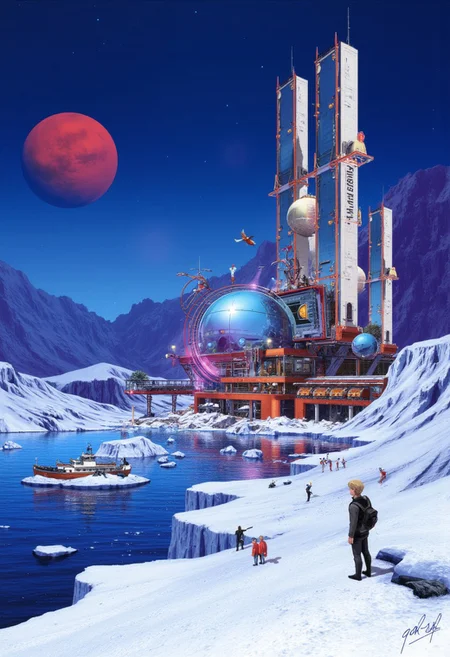 in the style of ck-sfc, a surreal, dreamlike digital artwork with a futuristic, retro-futuristic, or fantastical atmosphere. The scene should blend whimsical, high-contrast, neon-lit elements with a sense of cosmic or ethereal depth. Include reflective, metallic surfaces, abstract geometric shapes, or organic structures. Use a vibrant color palette with gradients of deep blue, purple, and occasional bursts of red, yellow, or orange. The composition should evoke a sense of mystery and otherworldliness, with elements such as humanoid figures, floating objects, and landscapes that transition between digital and natural textures, giving a sense of timeless, science fiction-inspired surrealism., blue and white theme, icy snow-covered landscape, Artemis Station at the edge of an icy ocean with icebergs, its sleek towers a stark contrast to the snow surrounding it, with a harbour featuring research ships moored. The planet’s sun casts a vivid, surreal light across the station, while deep fissures filled with glaciers mark a stark background. The sky is a dark blue, with a moon hanging low in the horizon