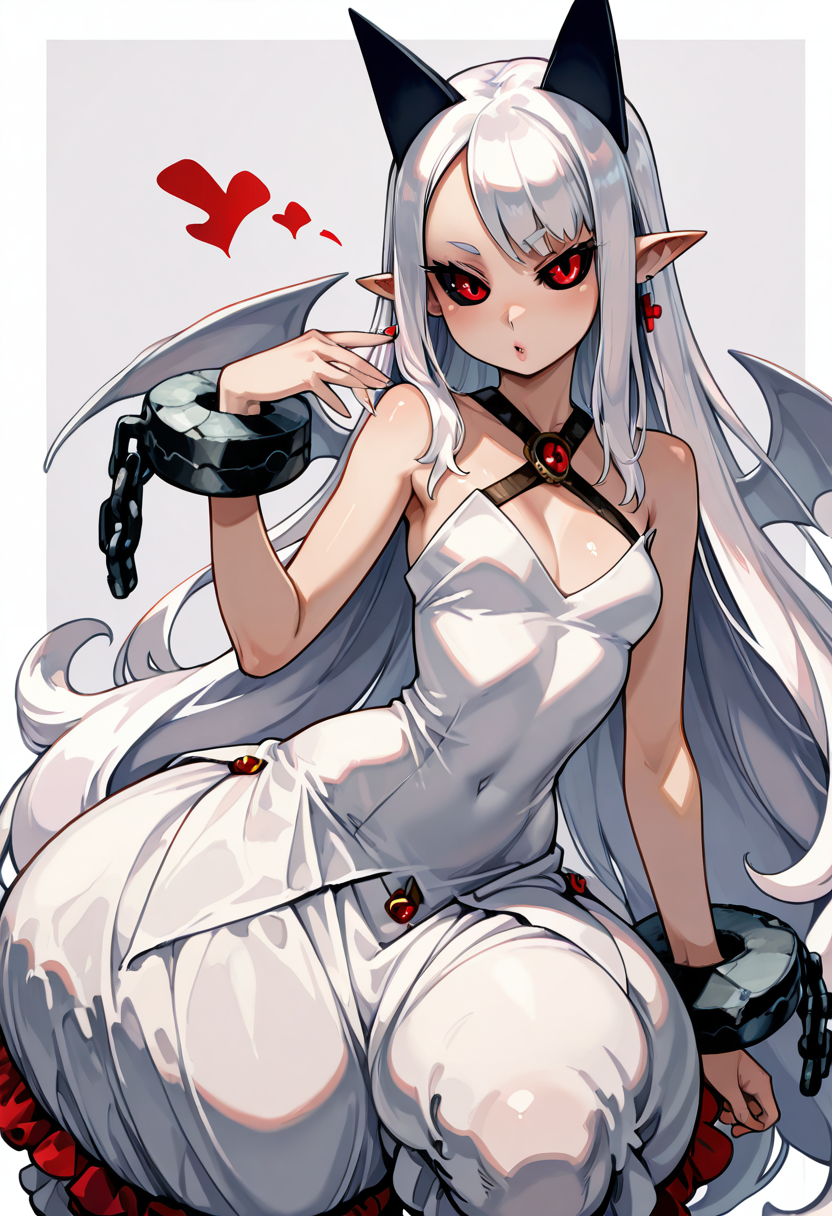 masterpiece, best quality, solo, curvy, beautiful eyes,  narrow waist, shiny skin,zzPram, 1girl, solo, long white hair, horns, pointy ears, red eyes, black sclera,,, jewelry, dress, bubble skirt, earrings, chain, bat wings, albino, shackles, criss-cross halter, ,<lora:PramPhantomKingdom_IXL_v1:1.0>, squatting, dynamic pose, cowboy shot, playful expression, looking at viewer,
