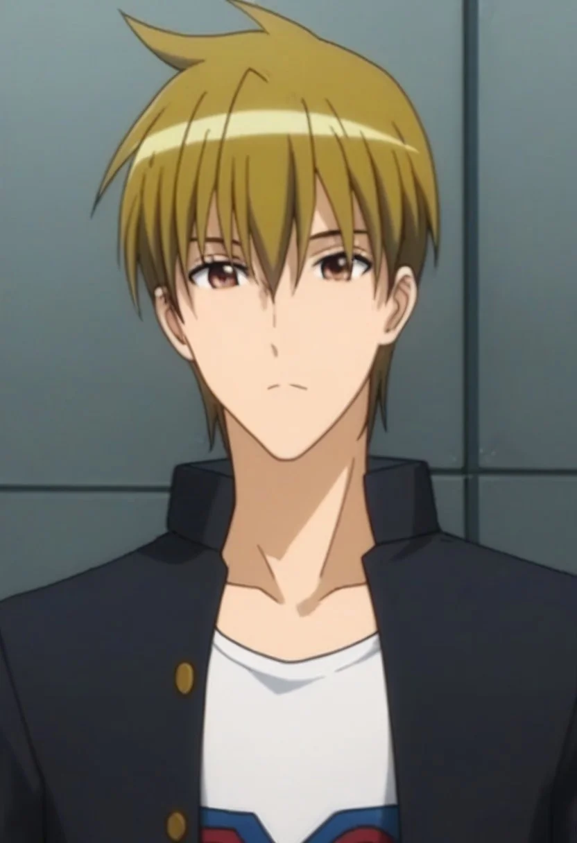 ((masterpiece)), ((best quality)), ((ultra-detailed)), ((absurdres)), score_9_up, score_8_up, score_7_up,
HD, top quality, best quality, amazing quality, High-quality illustrations, anime screencap, source_anime, best aesthetic, perfect proportions, perfect eyes, 1boy, 1male, solo boy, solo male, male focus, solo male focus, Anime, boy, male anime character, anime boy, handsome, cute, charming, sexy, Keita Tsuwabuki, dark blonde hair, reddish brown eyes, ((lean body, fit body, slim body, small slim waist)), ((tall body, tall height)), ((plain black blazer, white shirt)), ((school rooftop background)), easynegative, updn, Expressiveh, masterpiece, best quality, very aesthetic, absurdres