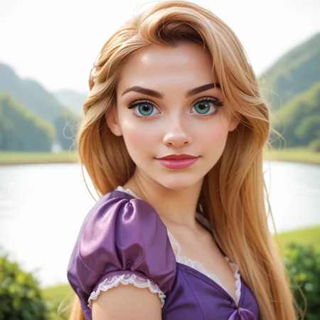 score_9, score_8_up, score_7_up, BREAK, source_real, raw, photo, amateur, realism,35mm photo,flash photo, highly detailed, portrait,  face photo, detailed skin, depth of field, detailed face,  colorful, vivid colors, volumetric lighting,detailed eyes,
1 girl
<lora:RapunzelPonyXL_character:0.8> Rapunzel_PonyXL_10 RapunzelWaifu, purple dress, puffy sleeves, very long hair, blonde hair, blue eyes, 
<lora:sdxl_lightning_4step_lora:0.8>