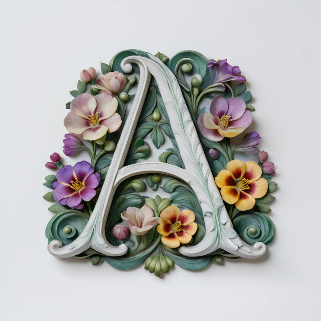 <lora:ArtNoveauMJ7SDXL:1> ArsMJStyle, Art Nouveau,, The image shows an ornate letter A on a white background surrounded by a vibrant array of flowers., no humans, flower, still life, leaf, simple background, white background