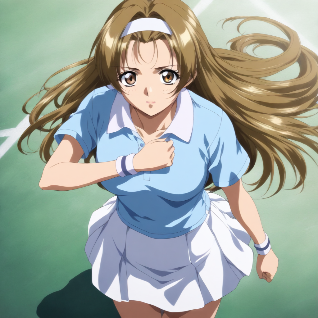 masterpiece,1girl,solo,looking at viewer,blue tennis uniform,white skirt,<lora:Akemi_Respect ag4o v1:1> akemi_respect, brown hair, long hair, brown eyes, hairband,