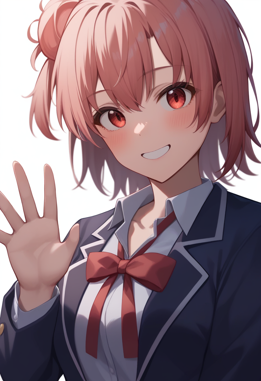 score_9,score_8_up,score_7_up,<lora:yuigahama_yui_pony:1>,blazer, smile, bad_pixiv_id, white_background, hand_up, collarbone, looking_at_viewer, red_ribbon, long_sleeves, sobu_high_school_uniform, bad_id, yuigahama_yui, red_bowtie, 1girl, solo, waving, upper_body, simple_background, blush, highres, neck_ribbon