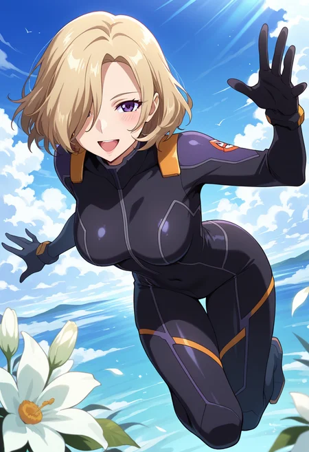masterpiece, best quality, amazing quality, very aesthetic, absurdres, newest, illustration, perfect composition, intricate details, highres, anime coloring, general, 1girl, solo, rinxx, mature female, purple eyes, blonde hair, short hair, hair over one eye, lips, medium breasts, breasts, black bodysuit, pilot suit, black gloves, covered navel, skin tight, <lora:Suzukaze_Rin_Majestic_Prince_ill:0.8>, from above, dynamic pose, jumping, midair, knees up, blush, :d, smile, looking at viewer, outdoors, day, sunlight, blue sky, cloud, flower, shiny body, shiny skin, skindentation, clear skin, shiny hair, ultra detailed eyes, depth of field, sharp, intricate details, hyperdetailed, ultra-detailed, detailed clothing folds, high contrast, dynamic light