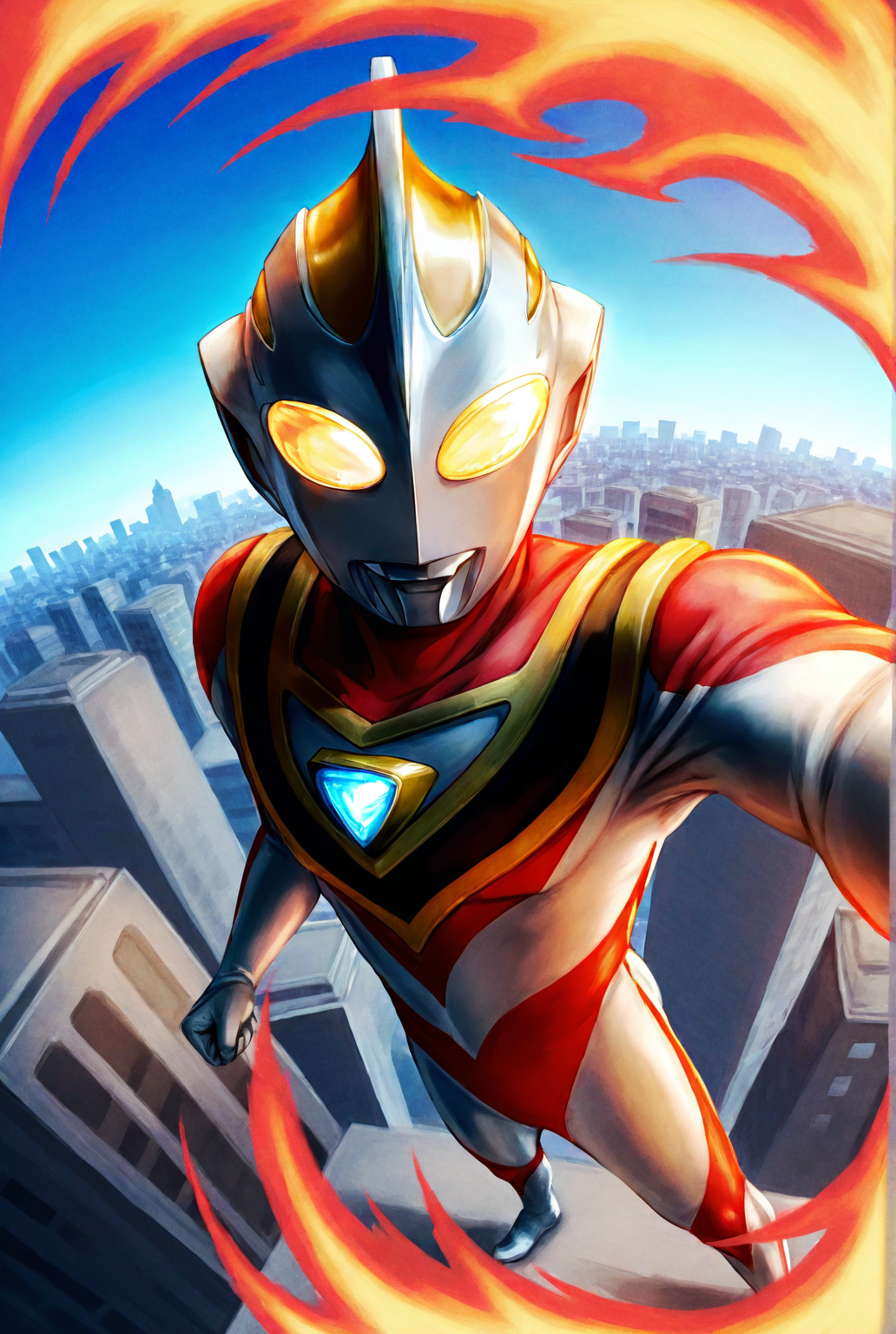 score_9,score_8_up,score_7_up,male focus,ultra-detailed,high resolution,digital painting,8k,1boy,solo,perspective,male focus,detailed face,tokusatsu,alien,yellow eyes,bodysuit,cityscape,blue sky,fire,<lora:add-detail-xl:1>,<lora:Ultraman Gaia:0.8>,ultraman gaia,<lora:rokudenashi:0.4>,