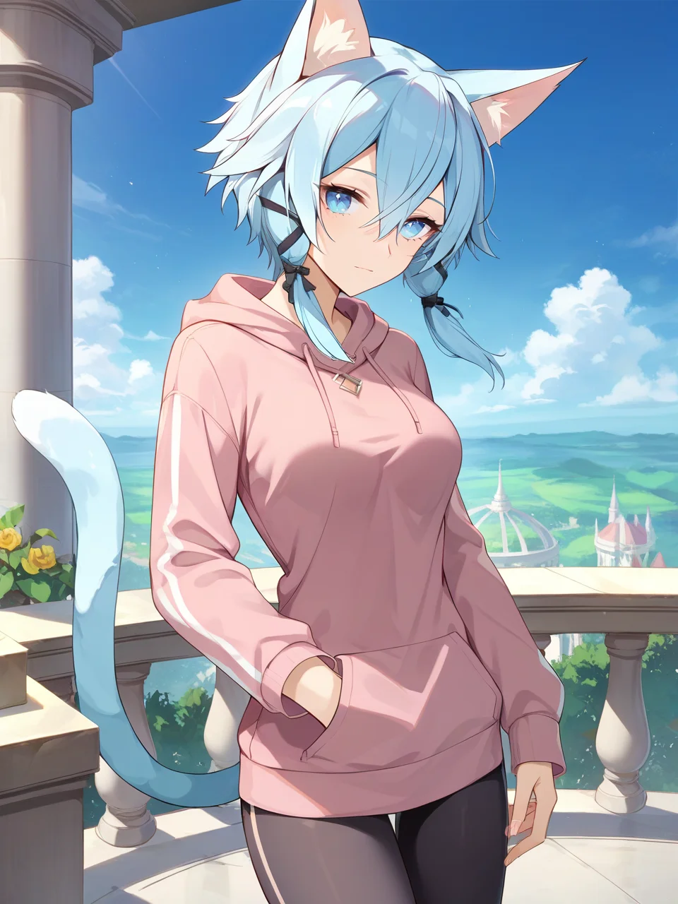 score_9, score_8_up,score_7_up, source_anime, expressiveh
sinon, light blue hair, light_blue_eyes, hair between eyes, hair ornament, hair ribbon, short hair, cat ears, animal ear fluff, cat tail
medium breasts, fingernails,
balcony with a beautiful view, pullover, leggings,
<lora:Expressive_H:0.3> <lora:sinon neko:0.8>