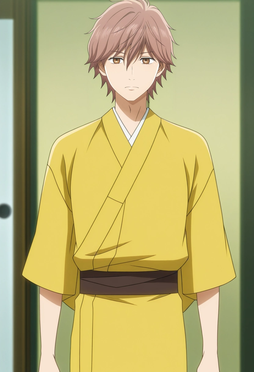 masterpiece, best quality, anime screencap, official style, anime coloring, cowboy shot, 1boy, solo, male focus, <lora:taichi_mashima_ilxl:0.94>, taichi_mashima, brown hair, brown eyes, short hair, bangs, hair between eyes, yellow kimono,