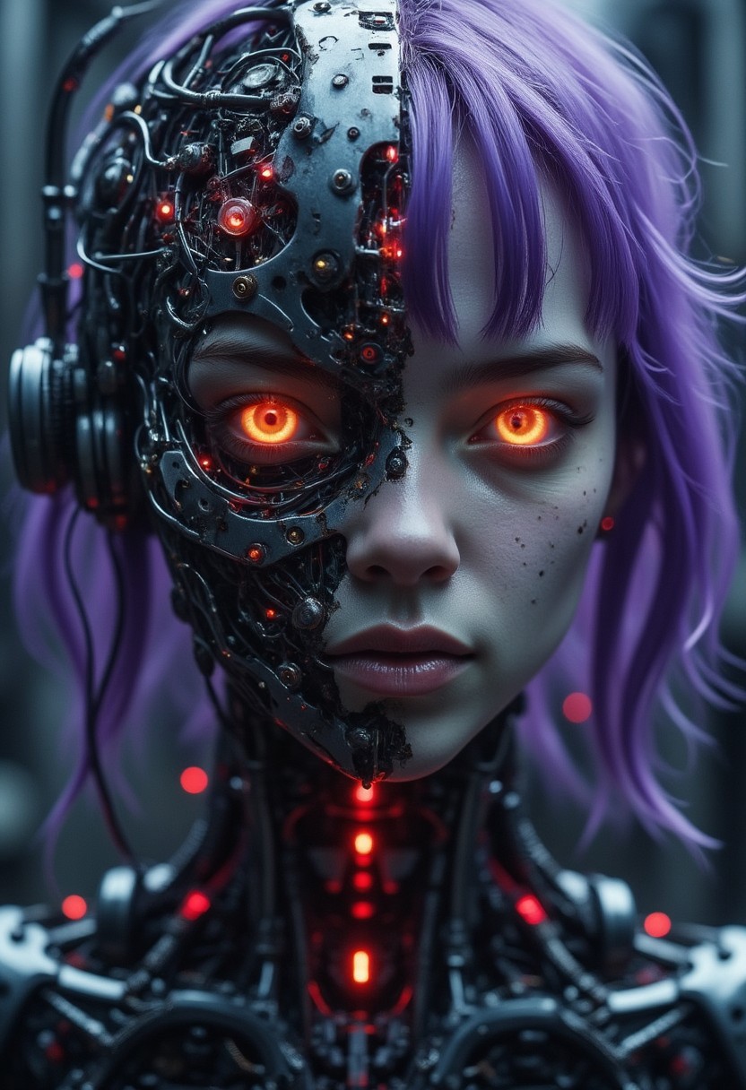 wired-cyborg, biomechanical, high quality photography of a woman's face, split down the middle, showcasing two distinct halves. The left side of her face is a mechanical construct, resembling a futuristic cyborg or android, with intricate circuitry and wires visible beneath her skin. The mechanical half is a dark, metallic color with glowing red circuitry and numerous tiny, glowing red lights, giving it an eerie, otherworldly appearance. The right side of her face is human, with pale, almost deathly skin, sci-fi horror aesthetic. Purple hair, smirk