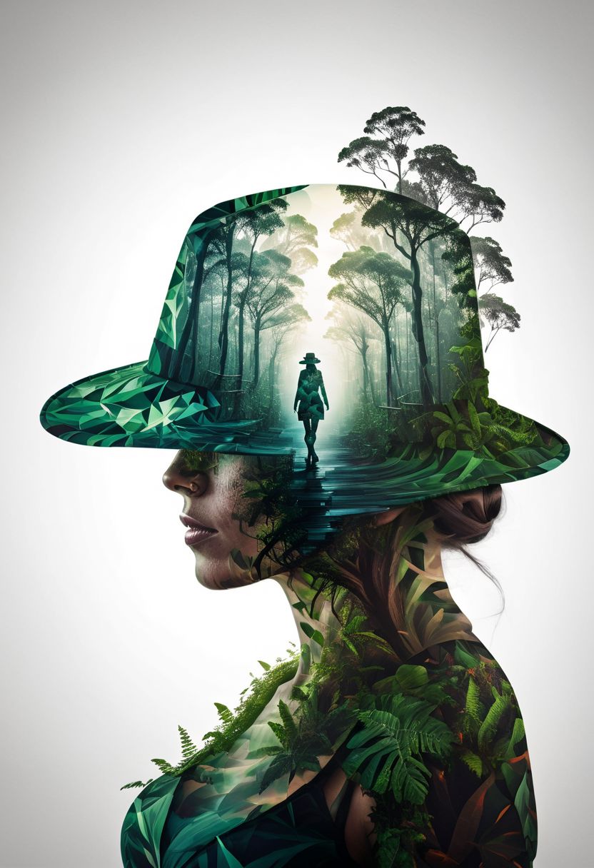 mysterious silhouette woman with hat, amazing depth, double exposure, surreal, rainforest, pattern, lightening, geometric patterns, intricately detailed, bokeh,  perfect balanced, deep fine borders, artistic photorealism , smooth,  with a white background