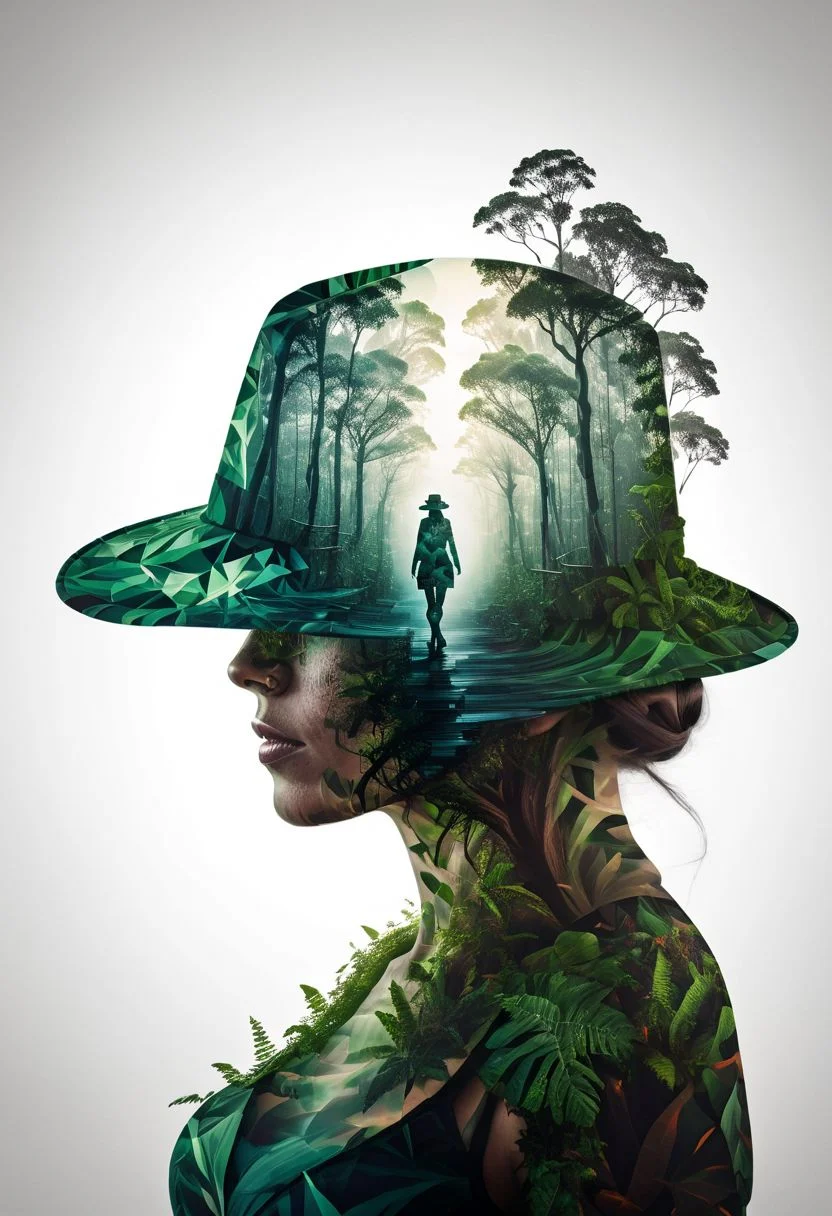 mysterious silhouette woman with hat, amazing depth, double exposure, surreal, rainforest, pattern, lightening, geometric patterns, intricately detailed, bokeh, perfect balanced, deep fine borders, artistic photorealism , smooth, with a white background