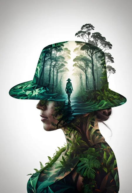 mysterious silhouette woman with hat, amazing depth, double exposure, surreal, rainforest, pattern, lightening, geometric patterns, intricately detailed, bokeh,  perfect balanced, deep fine borders, artistic photorealism , smooth,  with a white background