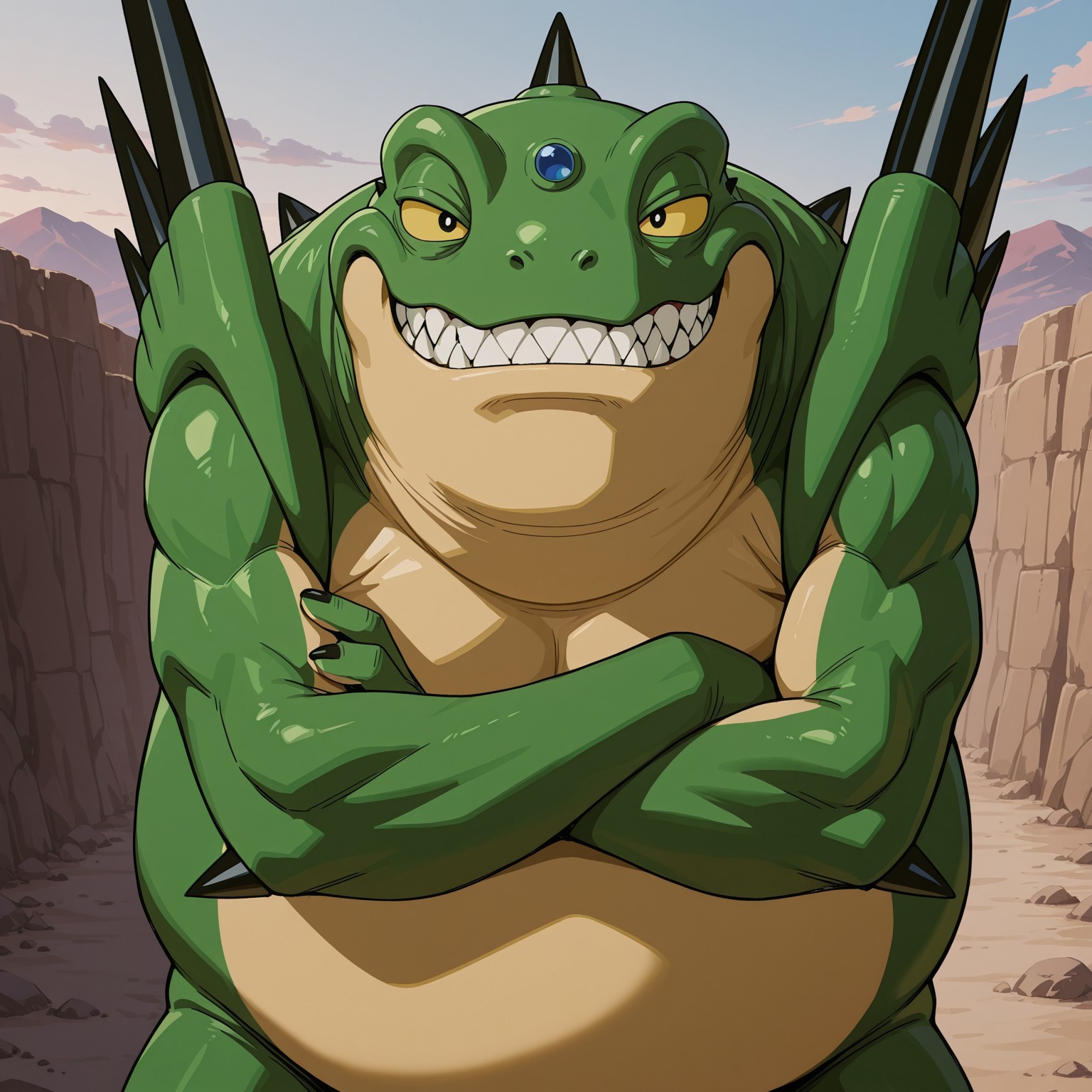 Hazeshen, male, monster, male, 1boy, solo, 2d, black spikes, black horn, sharp teeth, fangs, green skin, tan skin, two tone skin, tan countershade torso, yellow sclera, black pupils, blue forehead jewel, amazing quality, very aesthetic, absurdres, newest, green eyelids
BREAK
Standing, looking at viewer, arms crossed, grinning, outside, outdoors, 