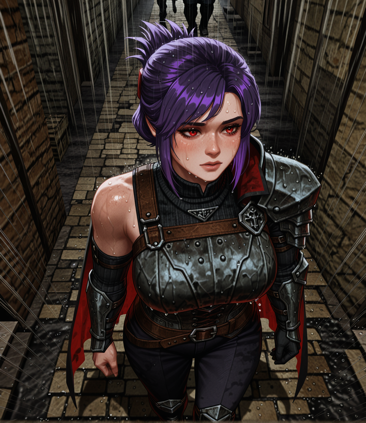 kingpin, realistic, masterpiece, best quality, amazing quality, very aesthetic, absurdres, newest, harsh shadows, rain streaks, (from above:1.2), (walking through rain:1.2), 1girl, sabia, human, purple hair, red eyes, folded ponytail, armor, single shoulder armor, cape, single bare shoulder, clothed, large breasts, drenched in rain, heavy raindrops, cobbled path, glistening puddles, lonely alleyway, cinematic rainfall, silent tension, <lora:dmd2_sdxl_4step_lora:1>, <lora:Kingpin_-_Life_of_Crime_Style_1.2_ILXL-000010:1>, <lora:KOD_dtv5r__for_Illustrious_v0.1__Adafactor:0.34>