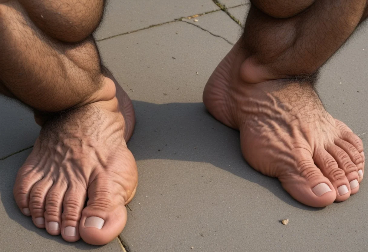 close up view of a male bodybuilder's extra large muscular wide thick feet as seen from above, ((exactly 5 toes ONLY on each foot, each foot has exactly one great toe and 4 smaller toes)), very thick feet, very muscular feet, very wide feet, thick toes, extremely hairy feet, top of foot is very hairy with dense hair, each toe has a tuft of thick hair, black hair, extremely hairy legs