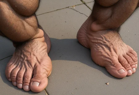 close up view of a male bodybuilder's extra large muscular wide thick feet as seen from above, ((exactly 5 toes ONLY on each foot, each foot has exactly one great toe and 4 smaller toes)), very thick feet, very muscular feet, very wide feet, thick toes, extremely hairy feet, top of foot is very hairy with dense hair, each toe has a tuft of thick hair, black hair, extremely hairy legs