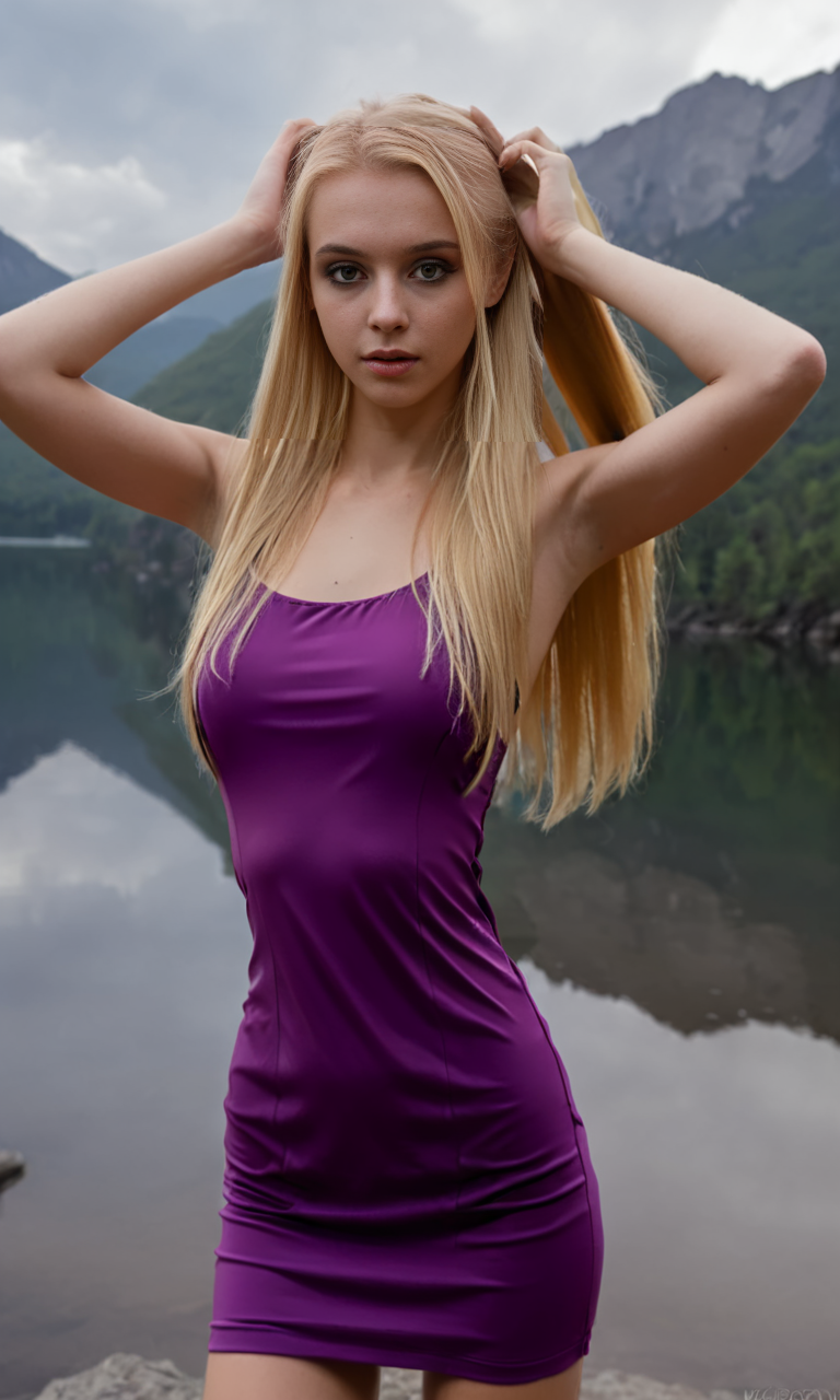 (front view)+++ , slim girl at mountain lake  holds hair , mkpotail , purple short dress  , long blonde hair   <lora:MakePonytail-000015:1>