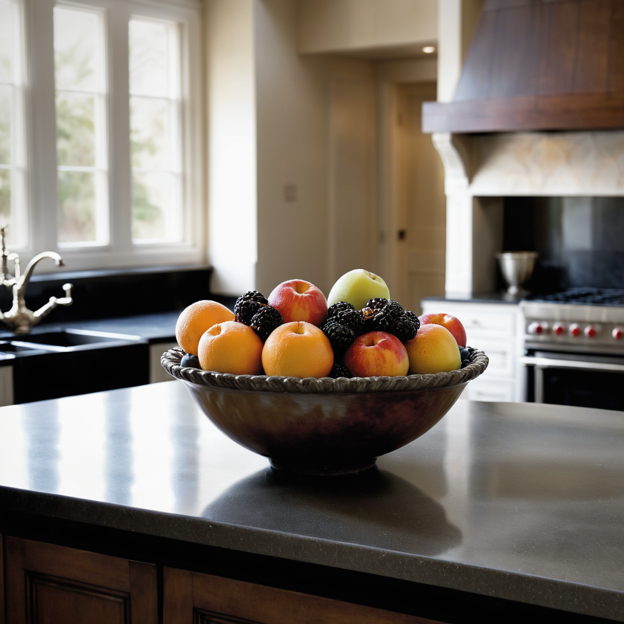 a classic landscape painting of a perfect bowl of fruit sitting on a counter in an upscale elegant kitchen  , by Richard S. Johnson