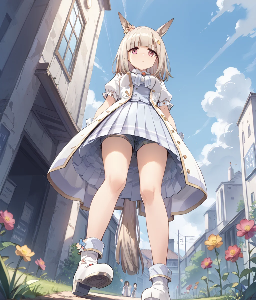 score_9, score_8_up, score_7_up, source_anime, best_quality, masterpiece, BREAK, 1girl, solo,
<lora:HappyMeekPony:0.9>, HappyMeekPony, medium_hair, horse_tail, horse_ears, bangs, medium_breasts,
HPMK, coat, hair_ornament, white_gloves, short_sleeves, hairclip, hair_flower, puffy_short_sleeves, pleated_skirt, white_shirt, bow, white_footwear, brooch, from_below, thighs, white_short_shorts , glassfield,