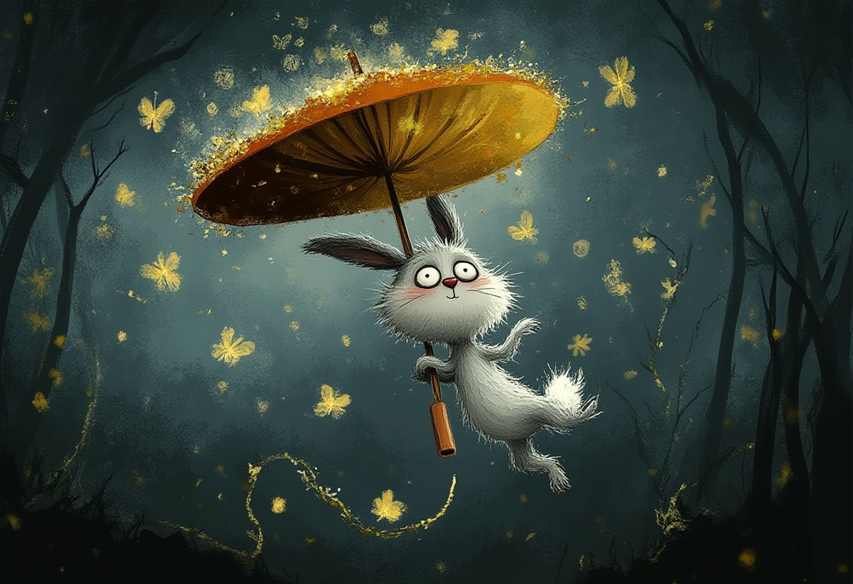 A whimsical illustration of a bunny floating on an umbrella in dark whimsical art style, surrounded by glowing butterflies, characteristic Tim Burton inspired design with starry eyes
