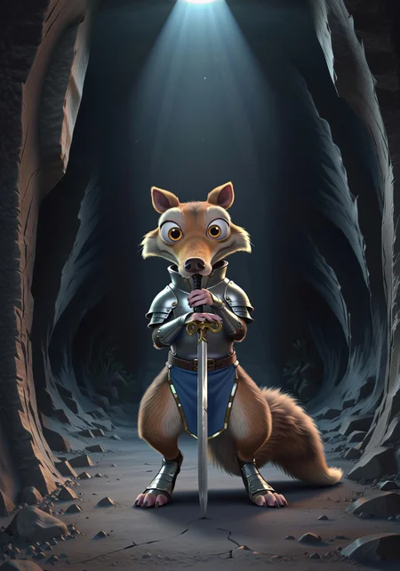 masterpiece, score_9_up, score_8_up, score_7_up, score_6_up, source_furry, (best quality:1.1), ultra-detailed, high resolution, solo, highly detailed macro illustration, sfw, thick outlines BREAK Scrat, feral, squirrel, male, saber-toothed, (beautiful yellow eyes), (fluffy tail:1.2), fur, (determined expression, cute face), frown BREAK (knight armor:1.4) BREAK holding sword, full body BREAK dark cave, cracked ground, black rocks, detailed background, (close-up:1.3) BREAK sharp focus, perfect lighting, extremely detailed, high detail, cinematic softness, OverallDetail, zPDXL3