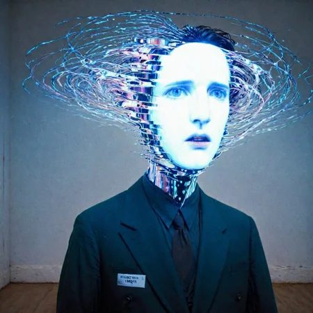 He lifts his head from his head, his eyes on strands of eyes, and in the glitch light handmade and homespun, he sees the visions of pasts lost in enigmatic phantoms and faces of light