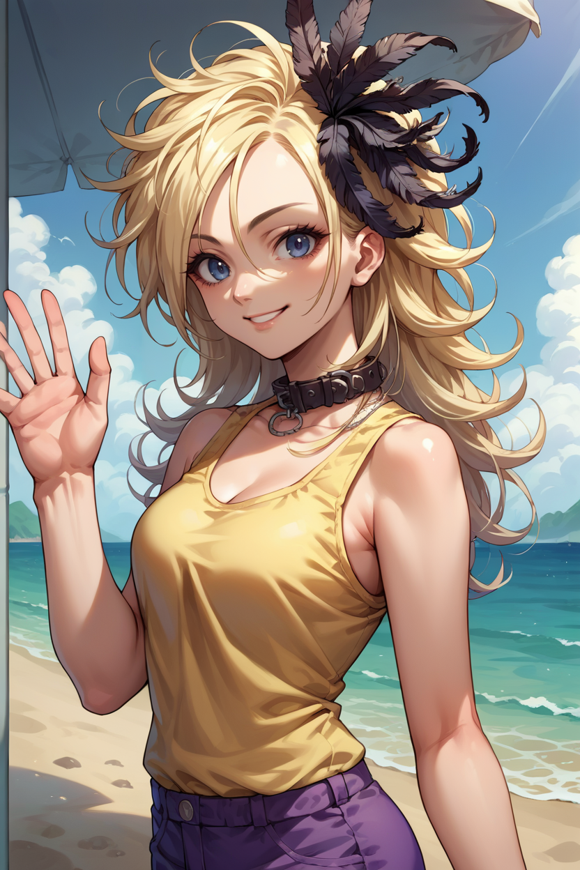 score_9, score_8_up, score_7_up, score_6_up, source_anime, 1girl, solo <lora:dqsetia-pdxl-nvwls-v1-000005:1> dqSetia, blonde hair, curly hair, feather hair ornament, collar, yellow tank top, purple shorts, beach, looking at you, smile, waving