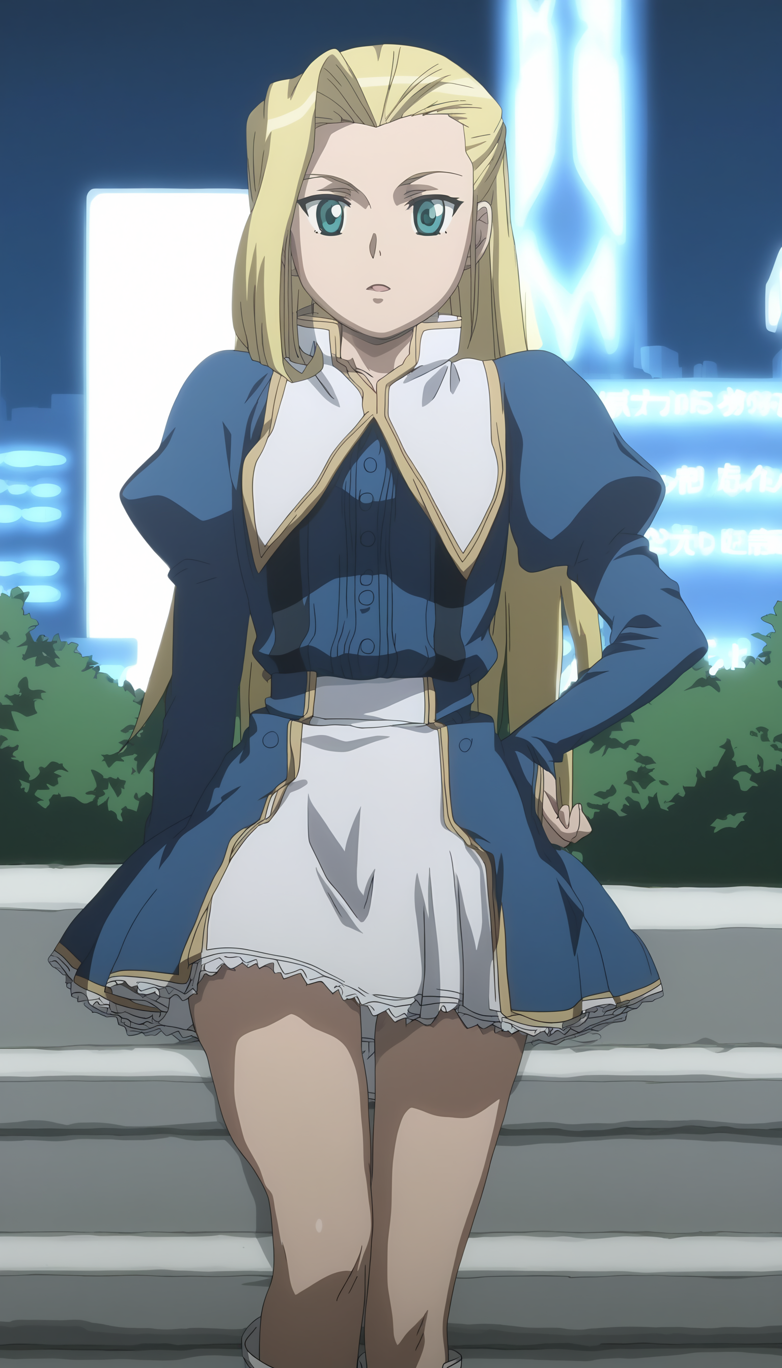 score_9, source_anime BREAK, oldest, anime screencap, outdoors, city,  city lights, night, night sky,  <lora:RoseAnderson(Pony)-11:1>RoseAnderson, 1girl,  solo,  long hair, blonde hair, ahoge, huge ahoge, capelet, collared capelet, shirt, blue shirt, buttons, puffy sleeves, long sleeves, bridal gauntlets, boots, white boots, skirt,  multicolored skirt,