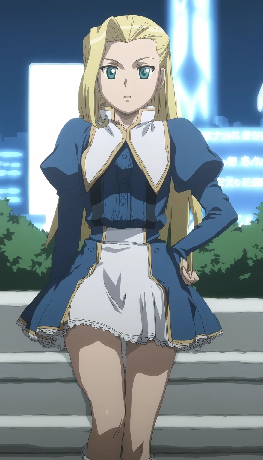 score_9, source_anime BREAK, oldest, anime screencap, outdoors, city, city lights, night, night sky, <lora:RoseAnderson(Pony)-11:1>RoseAnderson, 1girl, solo, long hair, blonde hair, ahoge, huge ahoge, capelet, collared capelet, shirt, blue shirt, buttons, puffy sleeves, long sleeves, bridal gauntlets, boots, white boots, skirt, multicolored skirt,