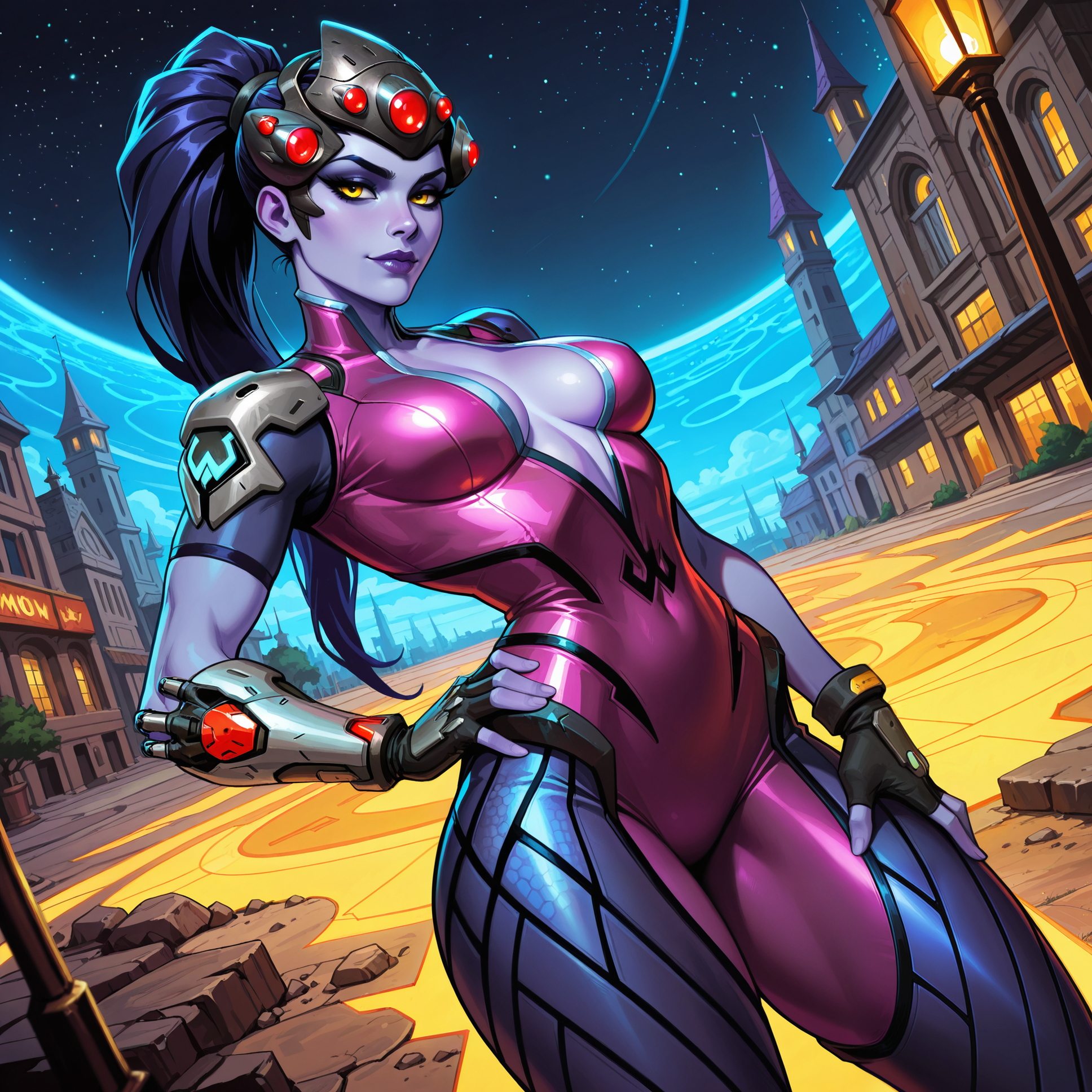2d, source_cartoon, western comics \(style\),

intricate detail,

eye contact:1.2, looking at viewer:1.25, dynamic angle, dynamic shot, fingers on lips, hand on hip, arched back, seductive pose,

BREAK

1girl, solo, widowmaker from overwatch, purple colored skin, yellow colored eyes,

fit body, almond shaped eyes, long eyelashes, medium breasts, small narrow waist, wide hips, thick thighs,

BREAK

widowmaker outfit, purple and black widowmaker outfit,

BREAK

detailed background, detailed scenery, outdoors, futuristic overwatch background, nighttime,