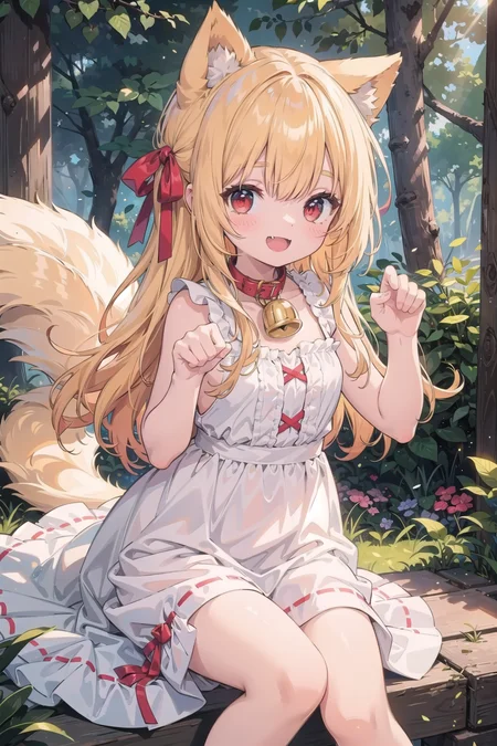 (masterpiece),  fantasy,  forest,  sunlight,  dappled sunlight,  light particles,  1girl,  blush,  smile,  open mouth,  fang,  paw pose,  animal ears,  tail,  long hair,  yellow hair,  red eyes,  hair ribbon,  red ribbon,  white dress,  collar,  neck bell