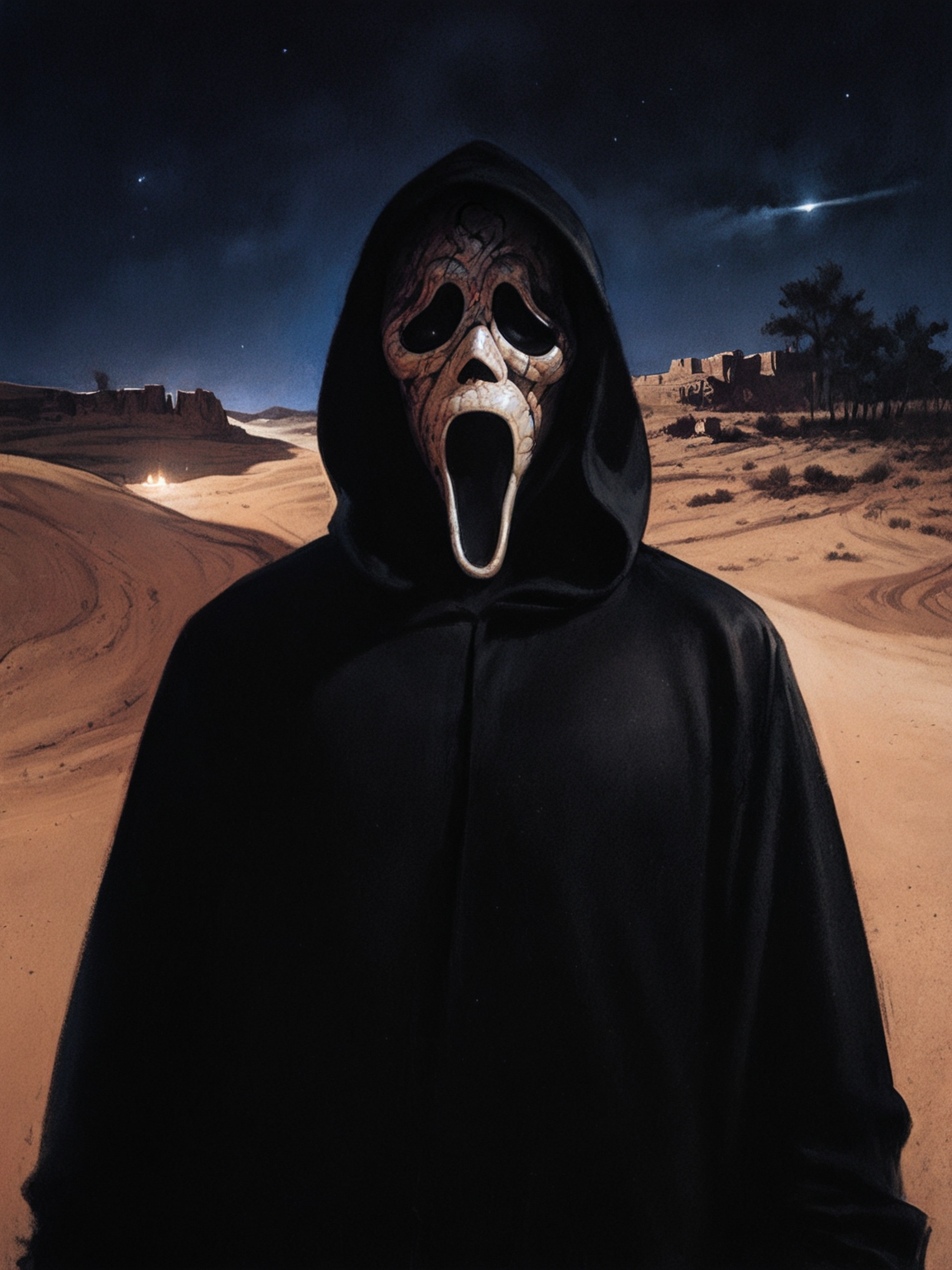 <lora:Ghostface:0.8>, gh0stface, 1boy, mask, hood, black cloak, black robe, male focus, standing, upper body, desert, night, night sky, solo, outdoors, looking at viewer, <lora:DrewStruzanmixV3:0.8>, score_9, score_8_up, score_7_up, zPDXL3