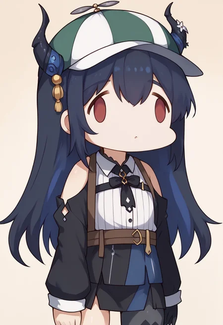 score_9, score_8_up,score_7_up,score_6_up, source_anime,  fx-face, face_of_the_people_who_sank_all_their_money_into_the_fx_(meme), NSHappyCap, wearing NSHappyCap, cap,NerissaBase, colored inner hair, black hair, blue hair, red eyes, slit pupils, uneven horns, long hair, hair ornament, black ribbon, fur-trimmed sleeves, black sleeves, collared shirt, white shirt, ribbed shirt, shoulder cutout, black gloves, black skirt, miniskirt, side slit, singe leg pantyhose, checkered pantyhose, black thighhighs, asymmetrical legwear,
<lora:sdxl-fxface-pony:1>  <lora:NSHappyCap:1>  <lora:ChamNerissaRavencroftPonyXL:1>