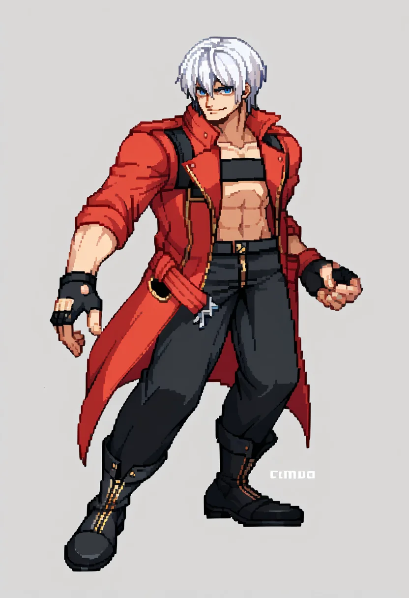 score_9, score_8_up, score_7_up, source_anime BREAK solo, 1boy,  <lora:CPS2-pdxl_Fp:1>, full body, simple background, looking at viewer, pixel art,  <lora:dmc3_dante_ponyXL:1>, dmc3dante, red coat, bandeau, fingerless gloves, black pants, boots, standing, white hair, blue eyes,