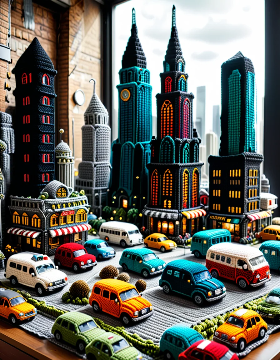 A post-apocalyptic city entirely crocheted, with skyscrapers unraveling and loose threads cascading down; vehicles and characters crocheted in mid-collapse; a melting crochet sky; intricate, textured details; surreal and haunting; symbolic of human fragility; a mix of awe and dread. <lora:SDXLFaeTastic2400:0.4> <lora:extremely_detailed:0.4> extremely detailed, <lora:cr0ch3t3d:1>,cr0ch3t3d, Masterpiece,best quality,hi res,8k,hi res,8k,award winning,(sharp focus, intricate, highly detailed),